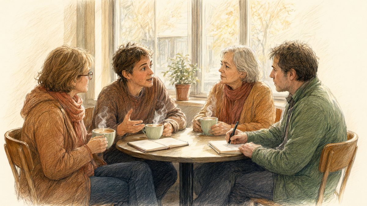 Illustration of a small group of adults sharing coffee and notes at a café table.