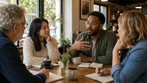A small group of adults sits together at a café table with notebooks and coffee cups, discussing community climate action and collective involvement.