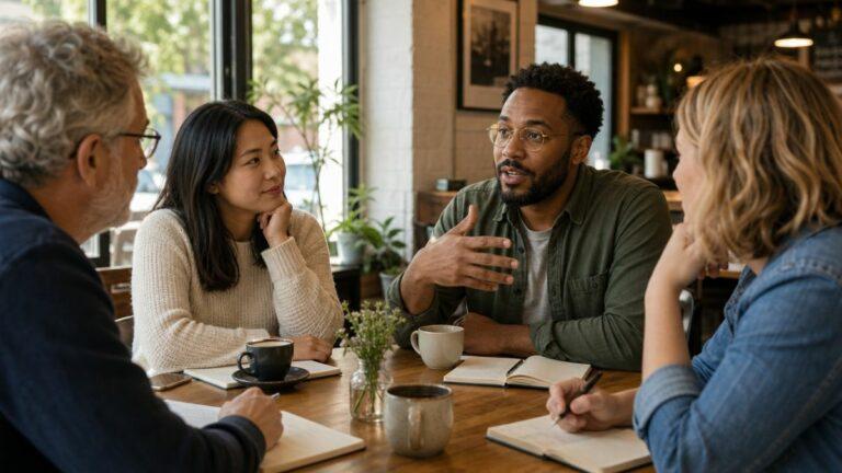 A small group of adults sits together at a café table with notebooks and coffee cups, discussing community climate action and collective involvement.