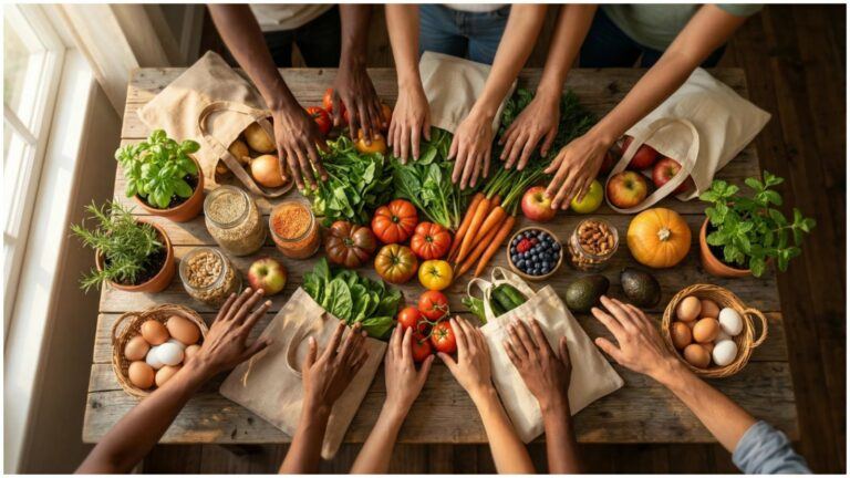 Top-down view of multiple people’s hands around a rustic table covered with fresh organic produce, potted herbs, glass jars of grains and reusable cloth bags, conveying a communal commitment to organic and eco-friendly eating.