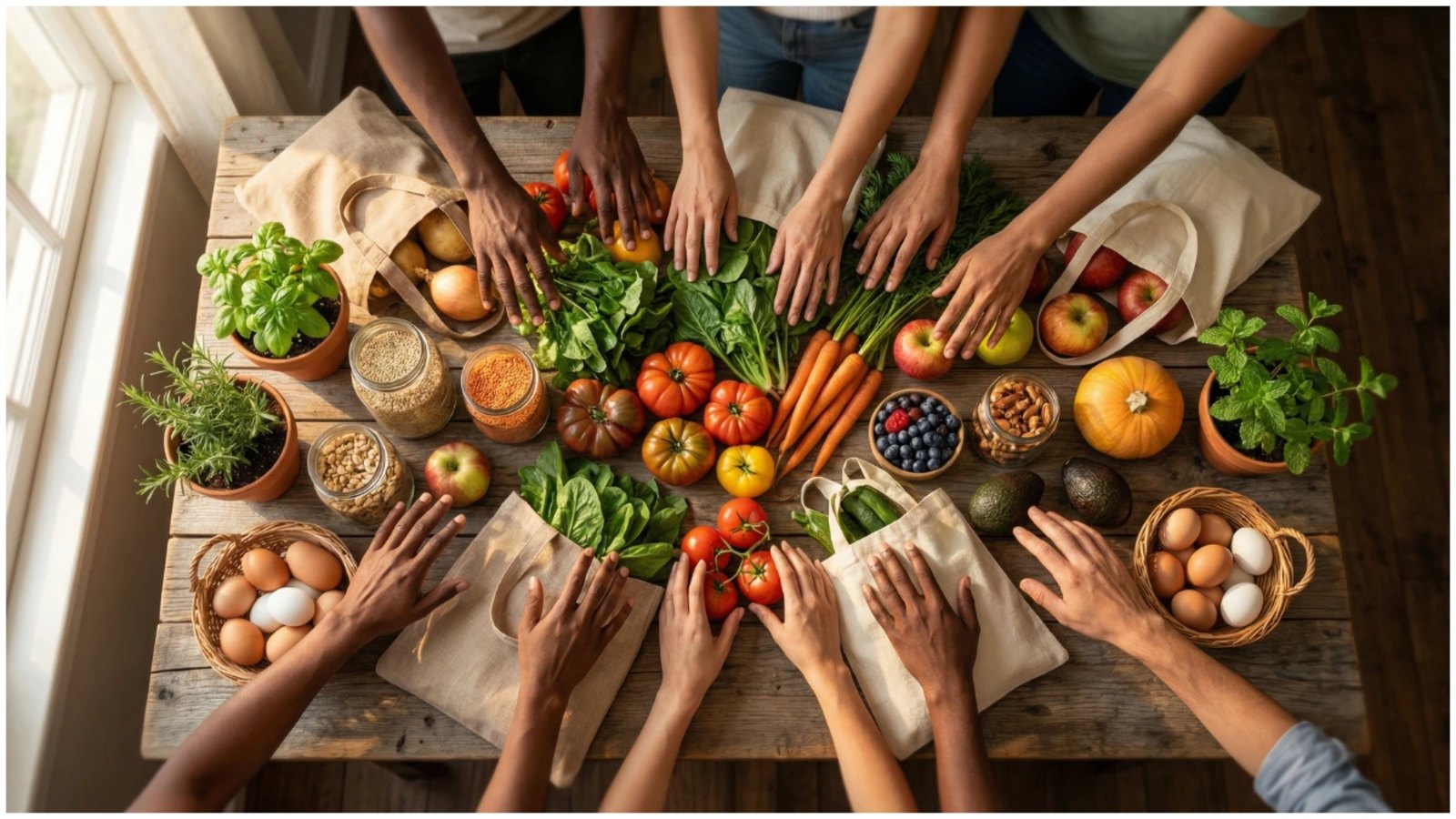 Top-down view of multiple people’s hands around a rustic table covered with fresh organic produce, potted herbs, glass jars of grains and reusable cloth bags, conveying a communal commitment to organic and eco-friendly eating.