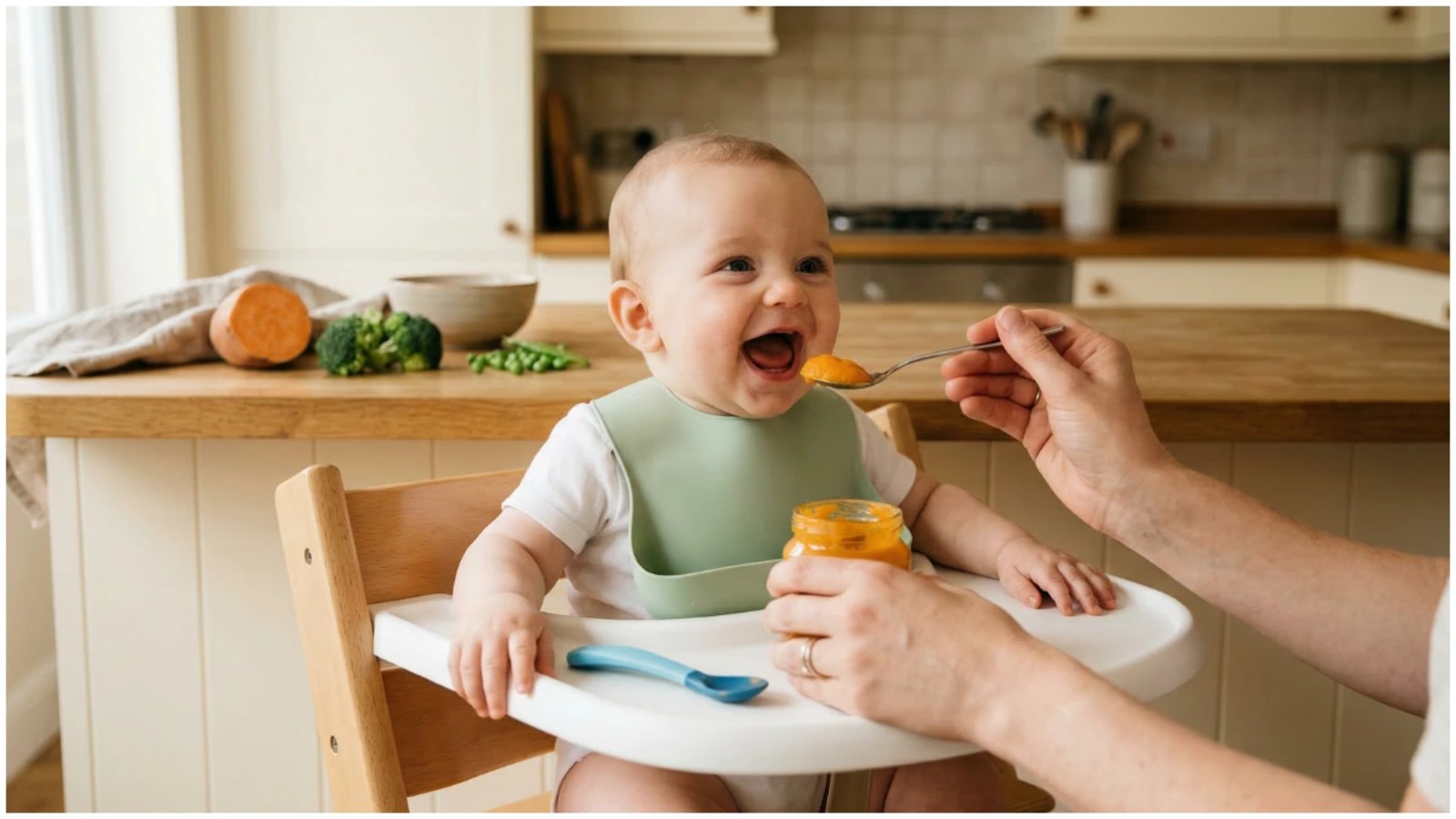 A laughing baby in a wooden high chair being fed a spoonful of orange vegetable purée by a parent, with fresh sweet potato and broccoli visible on the kitchen counter in the background.