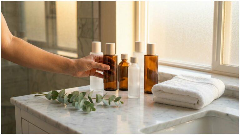 A hand reaching toward a collection of natural hair care bottles on a bright marble bathroom countertop beside a folded white towel and a eucalyptus sprig, with warm golden light filtering through a frosted window, representing a clean and conscious personal care routine.
