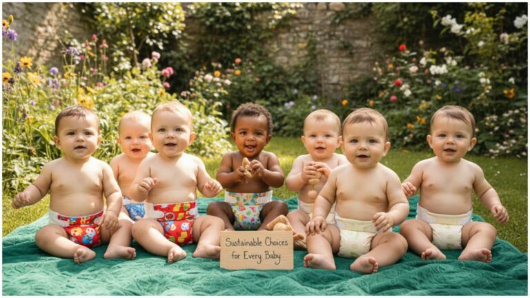 Row of babies sitting on a green blanket outdoors wearing colorful reusable and biodegradable diapers, promoting sustainable diaper choices for every baby.