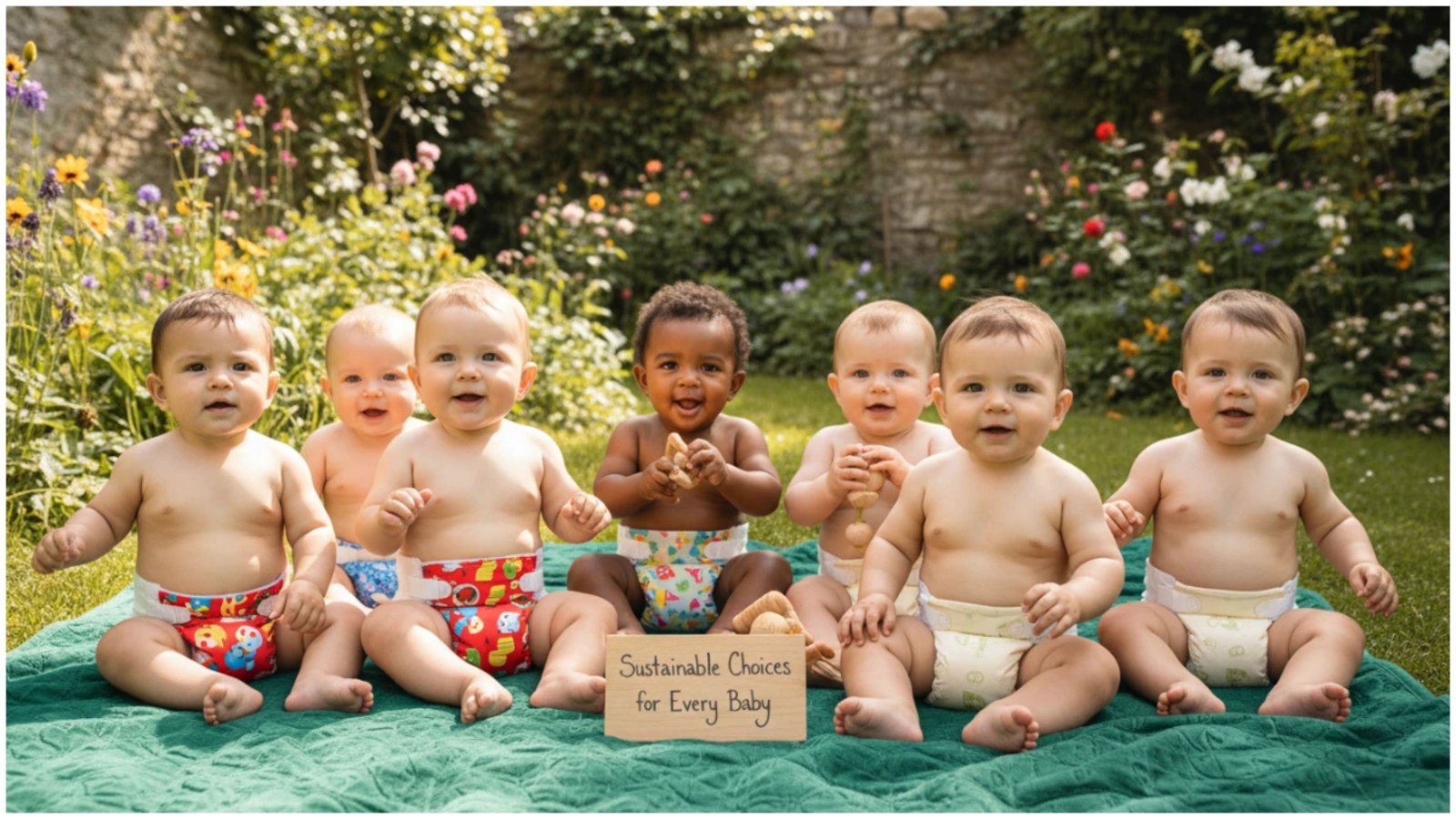 Row of babies sitting on a green blanket outdoors wearing colorful reusable and biodegradable diapers, promoting sustainable diaper choices for every baby.