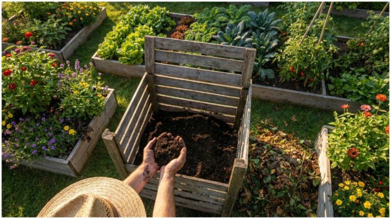 Overhead view of a wooden compost bin filled with dark compost in the center of a sunlit garden, surrounded by raised beds of vegetables and flowers with a gardener’s hands holding finished compost.