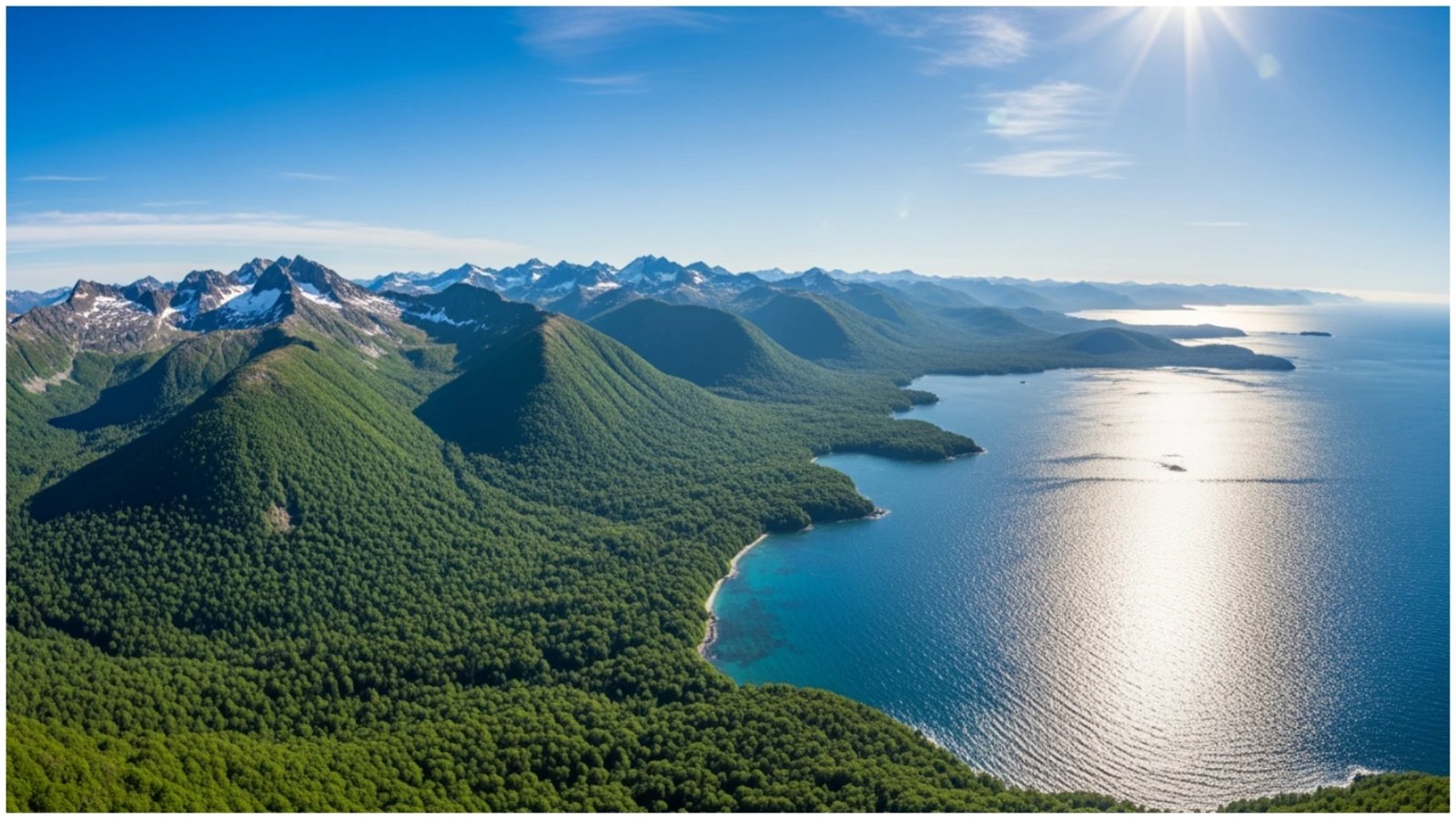 Aerial view of a lush coastal forest and ocean representing the natural environments that are central to the study of climate change causes, effects, and solutions.