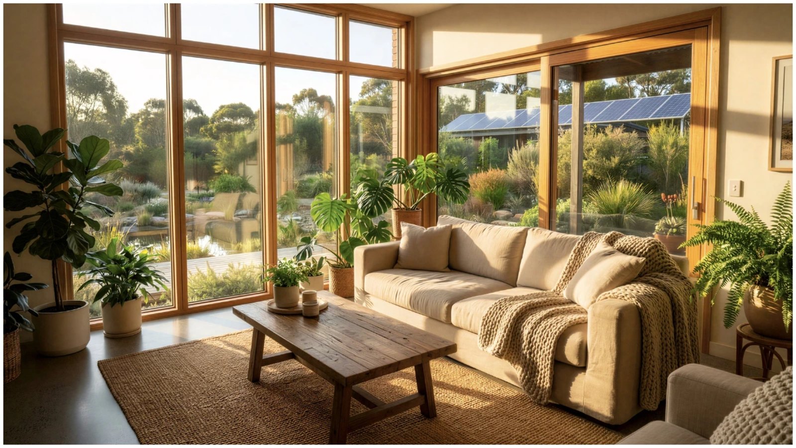 Spacious eco-friendly living room with large timber-framed energy-efficient windows overlooking a lush garden, solar panels visible on the roof outside, and cozy natural-fibre décor and houseplants creating a warm, sustainable home environment.