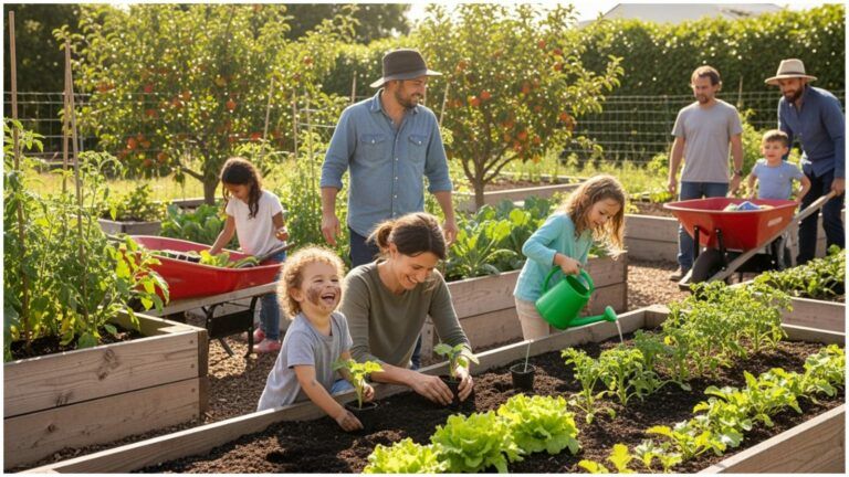 Parents and children gardening outdoors with raised beds and green plants, demonstrating eco-friendly parenting and sustainable living.