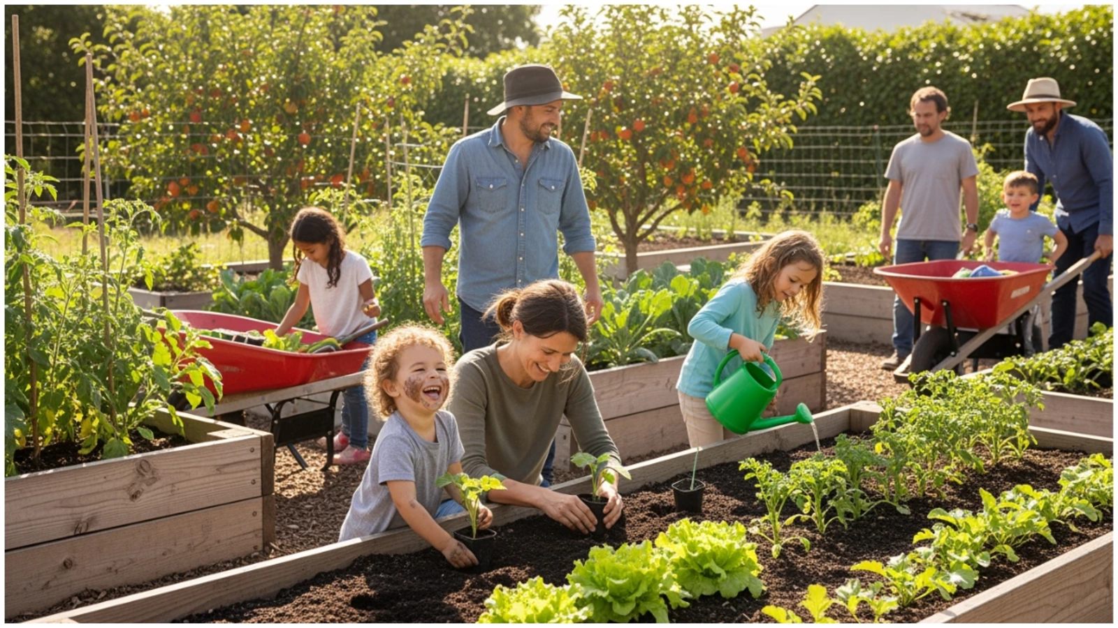 Parents and children gardening outdoors with raised beds and green plants, demonstrating eco-friendly parenting and sustainable living.