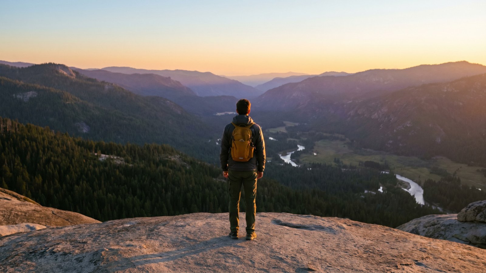 A solo hiker with a small backpack stands on a rocky mountain summit at golden hour, overlooking a wide forested valley with a winding river and layered mountain ridges at sunset.