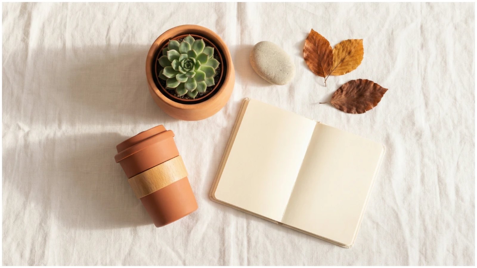 A flat-lay overhead view of an open blank notebook, a reusable coffee cup, a small potted succulent, a smooth stone, and dried autumn leaves arranged on a white linen surface, representing the simple everyday tools of a more sustainable lifestyle.
