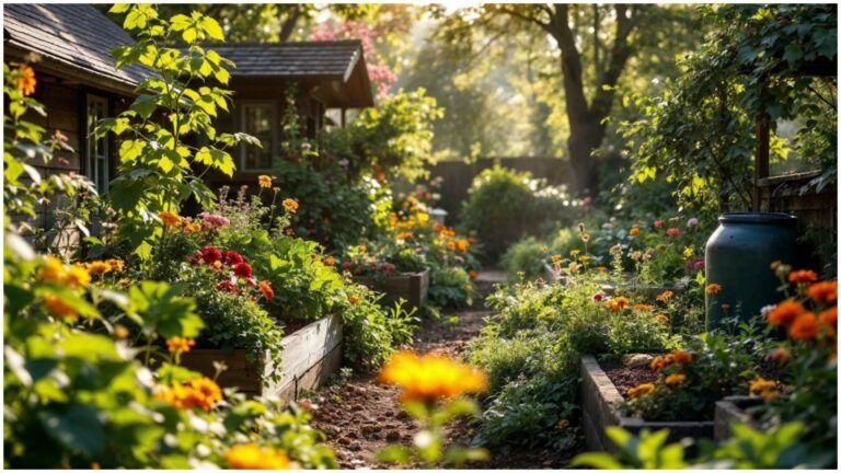 Sustainable garden with raised beds filled with colorful flowers and dense foliage in natural sunlight, demonstrating eco-friendly gardening practices and environmental benefits.