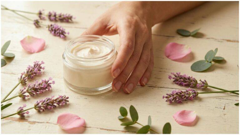 A glass jar of natural face cream surrounded by fresh lavender, rose petals, and eucalyptus leaves on a wooden table, representing gentle, plant-powered skincare in a non-toxic beauty routine.