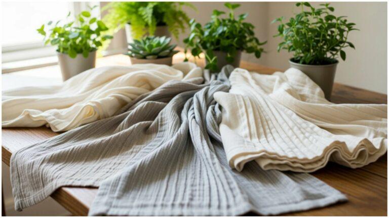 A guide to sustainable fabrics, like organic cotton, hemp, and bamboo, shows a variety of eco-friendly textiles in neutral tones with fresh green plants in the background.