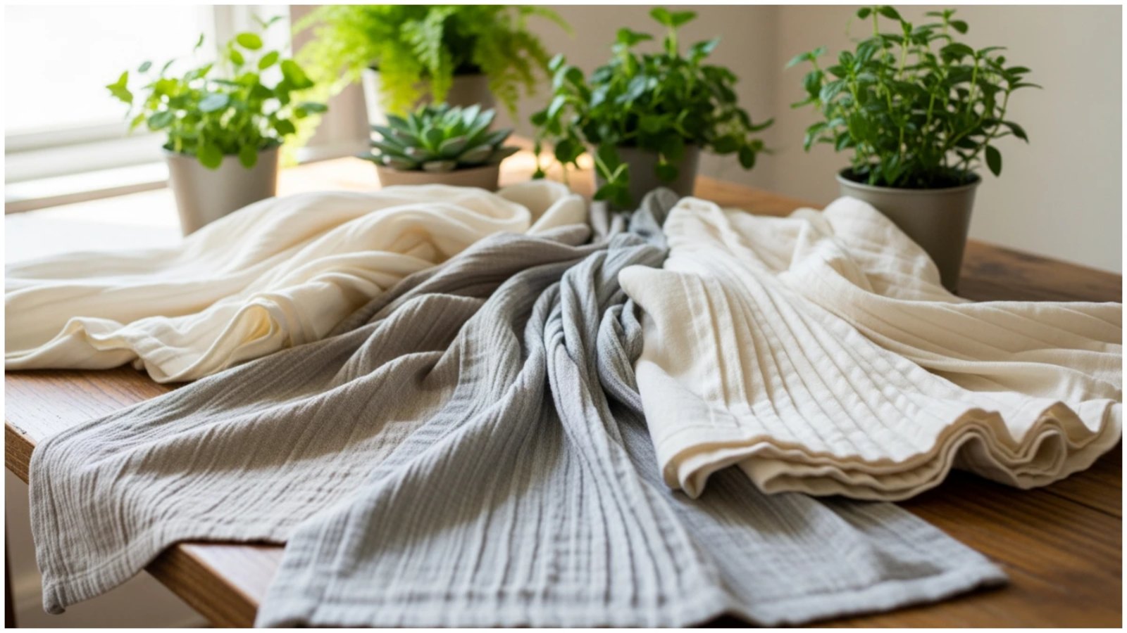 A guide to sustainable fabrics, like organic cotton, hemp, and bamboo, shows a variety of eco-friendly textiles in neutral tones with fresh green plants in the background.