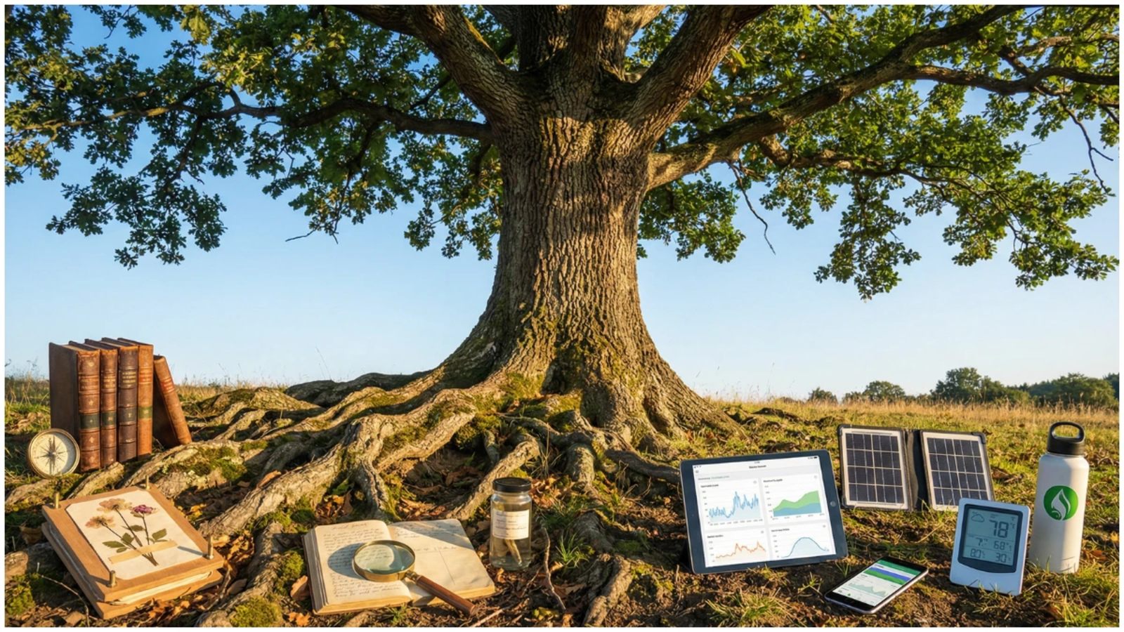 A mature tree with exposed roots and full canopy stands in a natural landscape, with vintage books and nature study tools arranged on one side of the base and modern tablets and solar panels on the other side, symbolizing the historical evolution of environmental education from traditional nature study to contemporary digital sustainability learning.