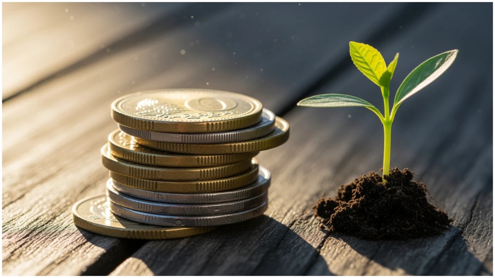 Stack of coins beside a small plant sprouting from soil on a wooden surface, representing sustainable investing and the concept of how green finance works.