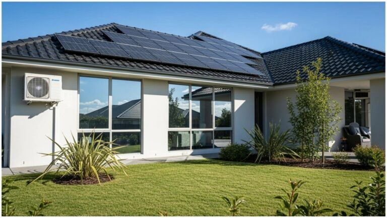 Modern home with rooftop solar panels and a wall‑mounted heat pump air conditioner, illustrating energy‑efficient upgrades that reduce electricity use, costs, and emissions.​