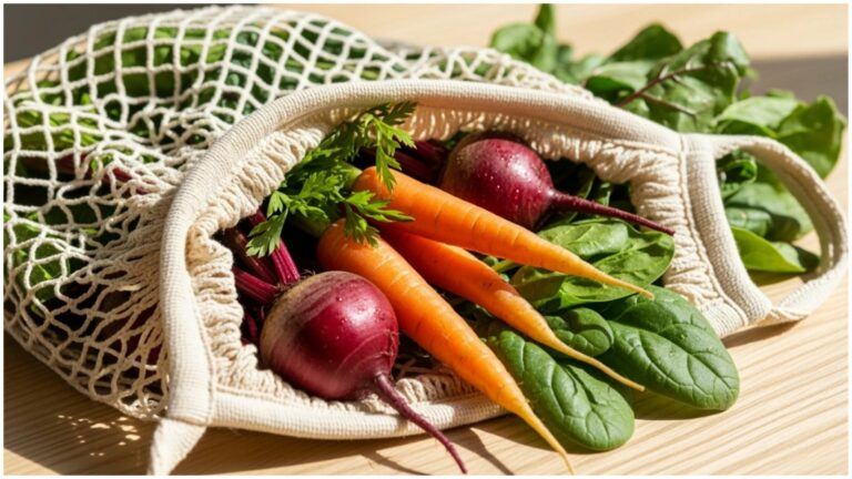 Close-up of a reusable mesh grocery bag filled with fresh, unpacked produce including carrots, beets, and spinach, symbolizing the transition to a zero-waste lifestyle.​