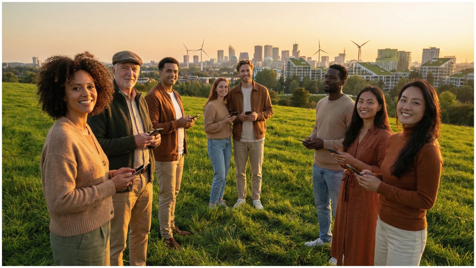 A diverse group of people holding smartphones stand together on a green hillside with a sustainable city skyline featuring wind turbines visible in the distance during golden hour, representing global financial choices for a cleaner planet.