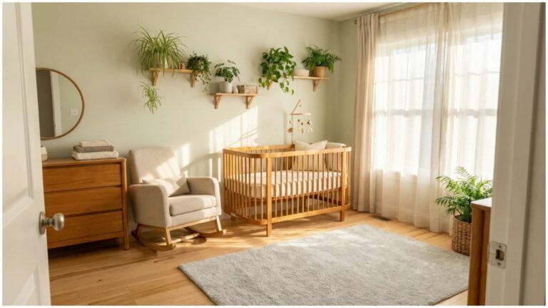 A bright, airy nursery with large windows, sheer curtains, wooden furniture and a neutral rug, showing a serene eco-friendly baby room design focused on natural light and sustainable materials.