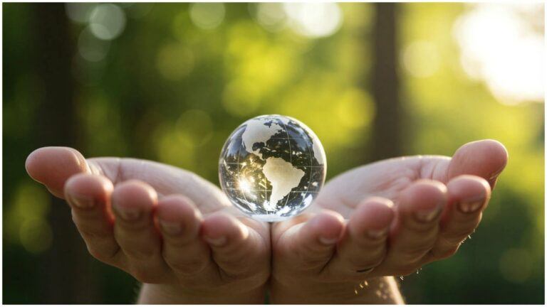 Hands holding a clear globe symbolizing the planet, set against a lush green background, representing global climate responsibility resting in each person’s hands.