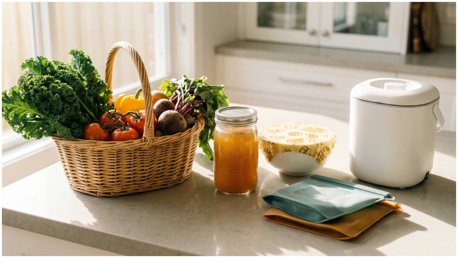A bright kitchen counter displaying a wicker basket of fresh vegetables, a glass jar of homemade stock, a beeswax-wrapped bowl, reusable silicone bags, and a countertop composter, representing practical everyday strategies to minimize food waste at home.