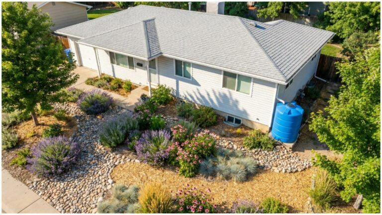 Aerial view of a light-colored house with a large xeriscape front yard filled with drought-tolerant plants, river rocks and mulch, plus a bright blue rainwater tank by the wall, illustrating practical ways to reduce household water usage at home.