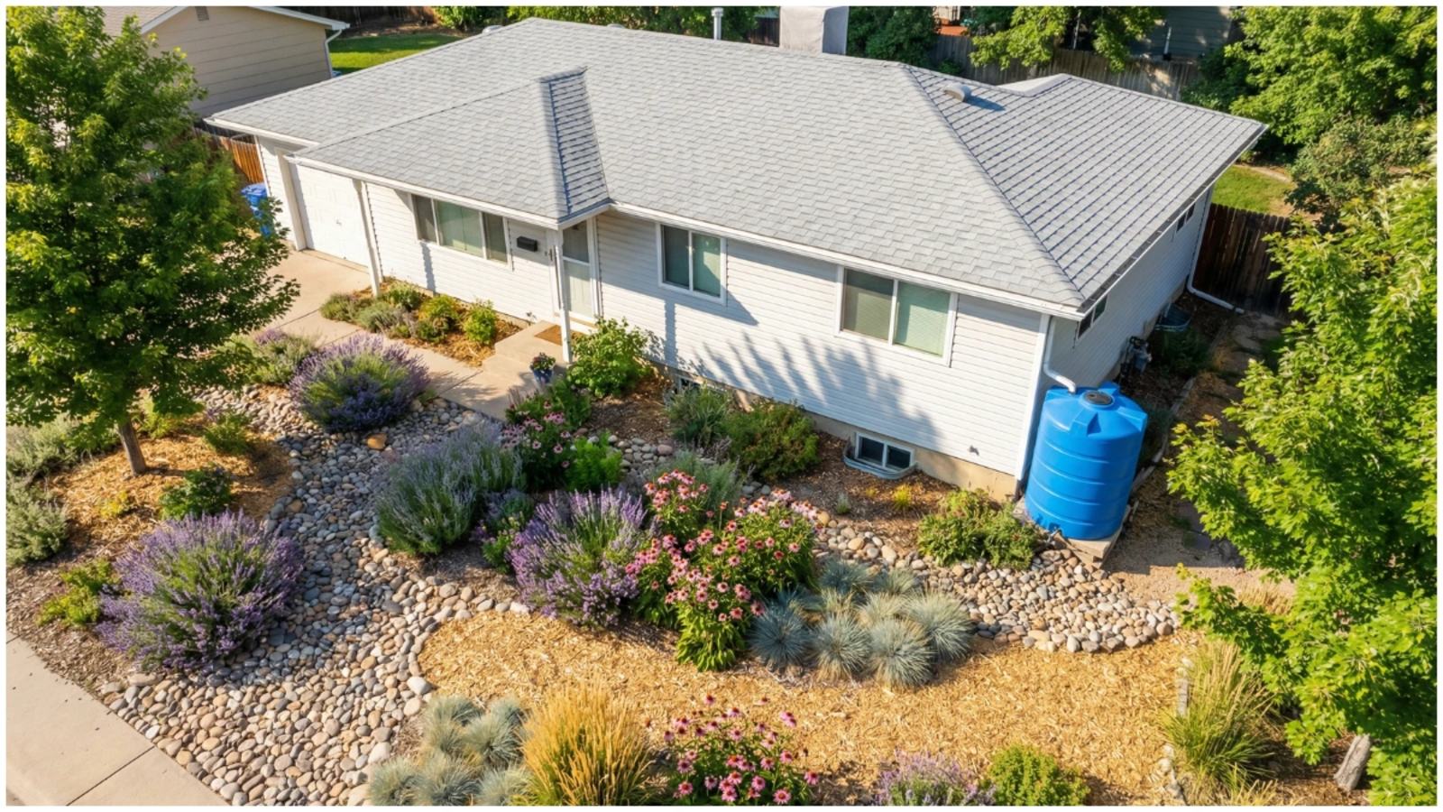 Aerial view of a light-colored house with a large xeriscape front yard filled with drought-tolerant plants, river rocks and mulch, plus a bright blue rainwater tank by the wall, illustrating practical ways to reduce household water usage at home.