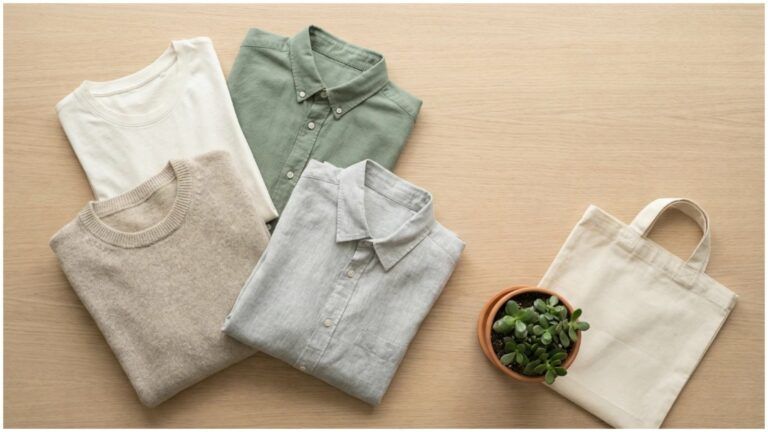 Flat lay of folded natural-toned clothing garments on a light wooden surface alongside a small potted plant and a reusable tote bag, representing a sustainable wardrobe built on mindful choices.