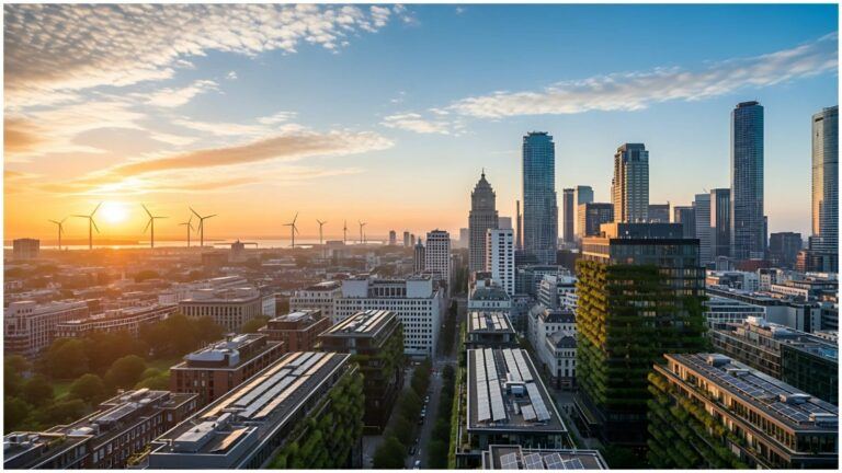 Wide-angle view of an eco-friendly city skyline at sunrise with high-rise buildings covered in greenery, rooftops lined with solar panels and offshore wind turbines on the horizon, symbolizing global Sustainable and Responsible Investing that supports renewable energy, climate solutions and sustainable urban growth.