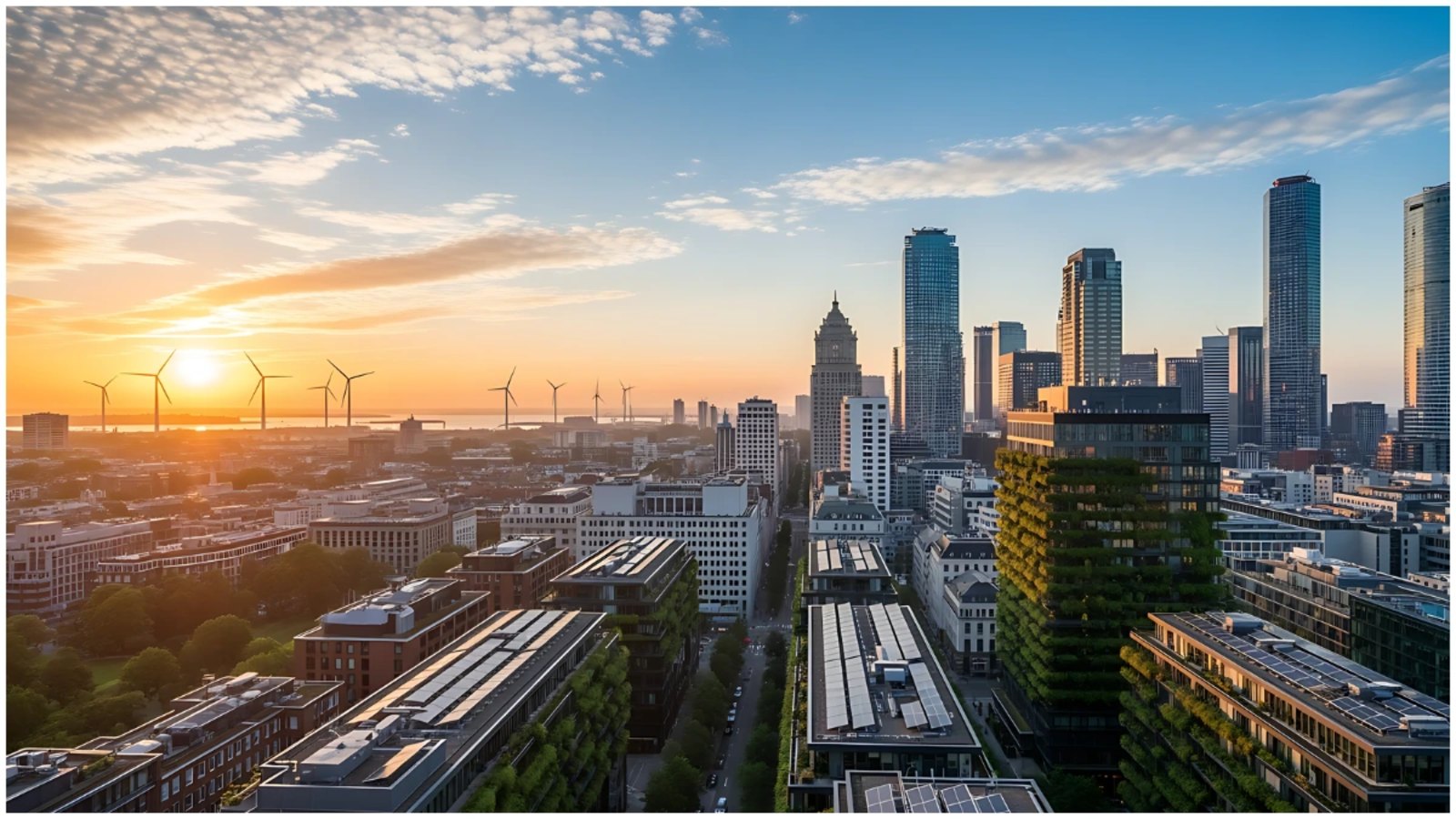 Wide-angle view of an eco-friendly city skyline at sunrise with high-rise buildings covered in greenery, rooftops lined with solar panels and offshore wind turbines on the horizon, symbolizing global Sustainable and Responsible Investing that supports renewable energy, climate solutions and sustainable urban growth.