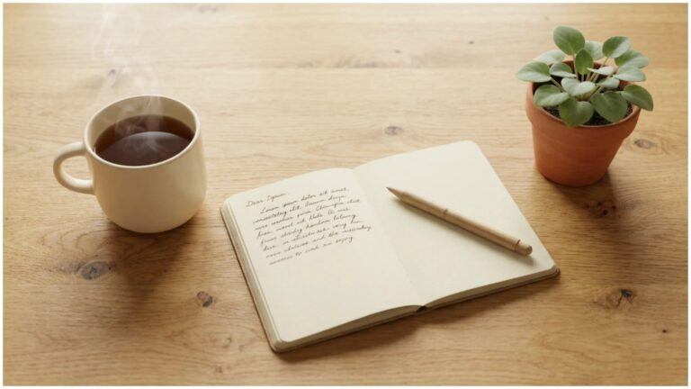 Minimalist workspace with laptop, coffee cup, succulent plant, and open journal with pen on wooden desk with natural light creating a peaceful, organized environment.