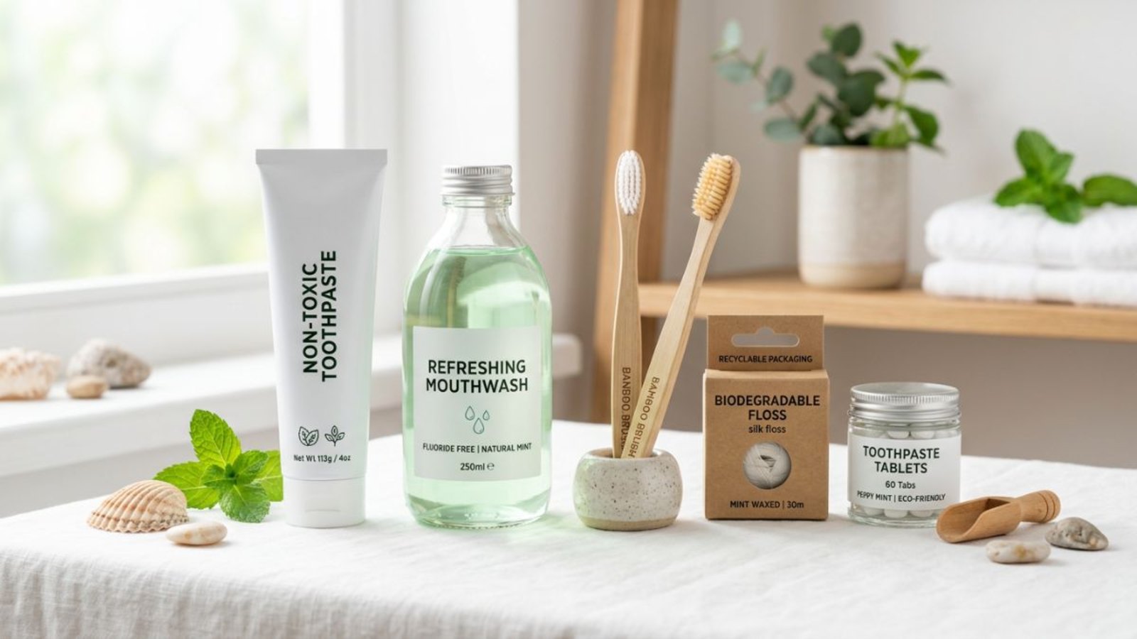 A bright, clean bathroom counter displays a complete natural oral care lineup including a non-toxic toothpaste tube, a glass bottle of fluoride-free refreshing mouthwash, two bamboo toothbrushes, a box of biodegradable silk floss, and a tin of eco-friendly toothpaste tablets, with green plants and white linen visible in the background.