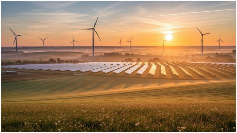 An illustrative guide to renewable energy sources, showcasing a field of solar panels and wind turbines at sunrise, contrasted with the concept of non-renewable energy.