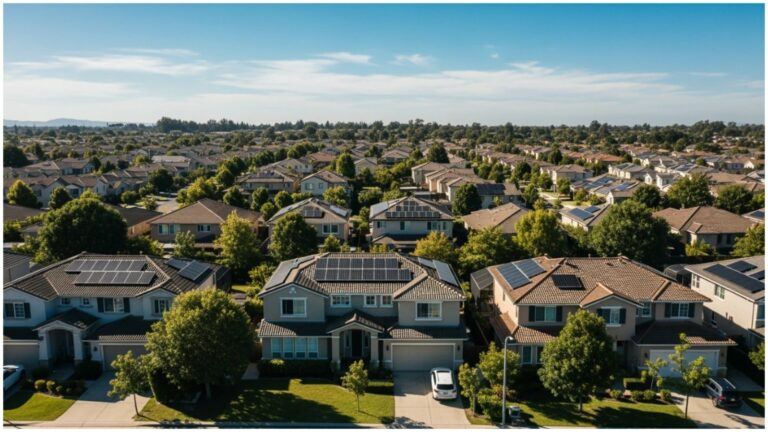 An aerial view of a suburban neighborhood, showcasing the benefits of solar power with solar panels installed on the rooftops of modern homes.