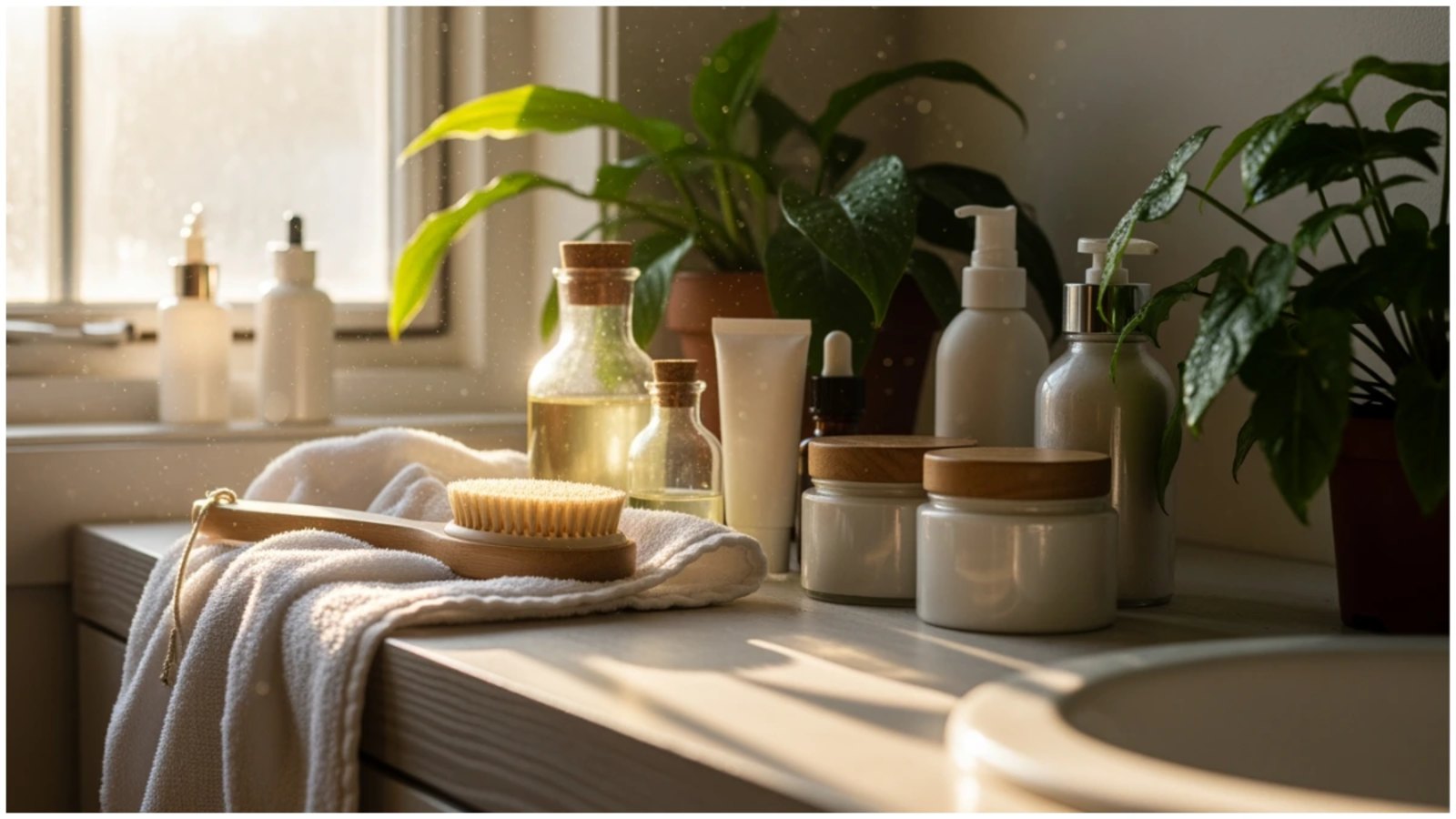 A beautifully arranged collection of organic skincare products, including oils, creams, and a dry brush, bathed in natural light, representing the key ingredients and benefits of a natural beauty regimen.