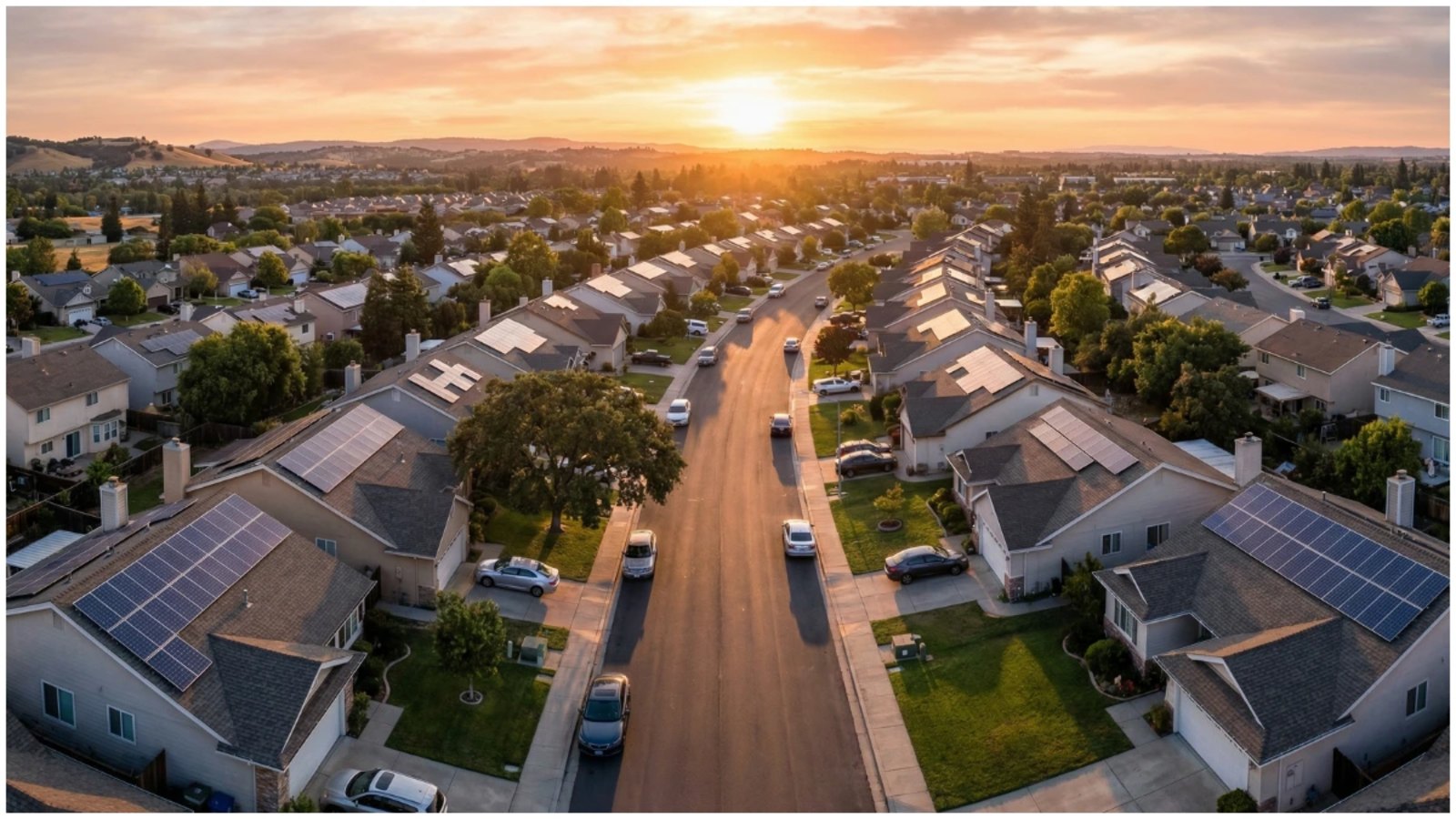 Aerial view of a modern suburban neighborhood at sunset with rooftop solar panels on many houses, illustrating widespread residential adoption of photovoltaic technology for cleaner electricity.
