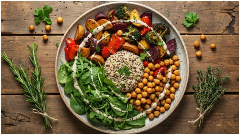 A vibrant plate with quinoa, leafy greens, roasted chickpeas, broccoli, beets, peppers, and fresh herbs illustrates nutritious plant-based food and the positive environmental effects of a vegetarian diet.