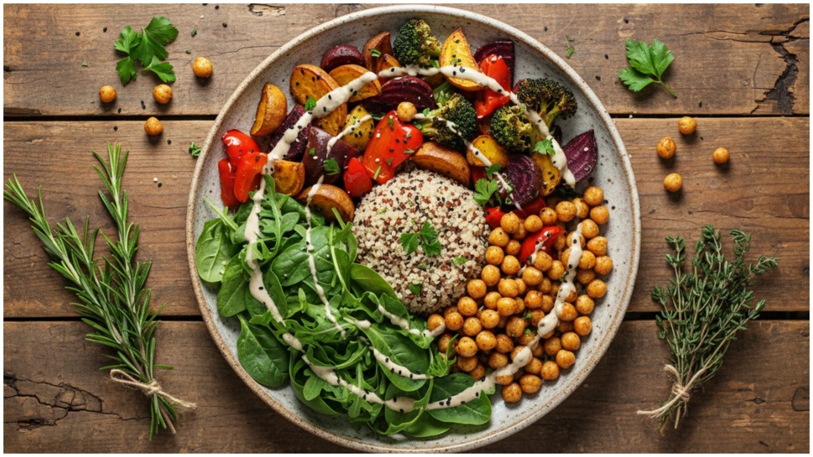 A vibrant plate with quinoa, leafy greens, roasted chickpeas, broccoli, beets, peppers, and fresh herbs illustrates nutritious plant-based food and the positive environmental effects of a vegetarian diet.