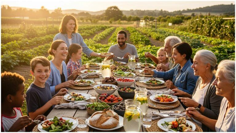 A multi-generational group of people enjoying a farm-to-table meal of fresh, sustainable food at a long wooden table in a field at sunset, illustrating the community benefits of sustainable agriculture.​