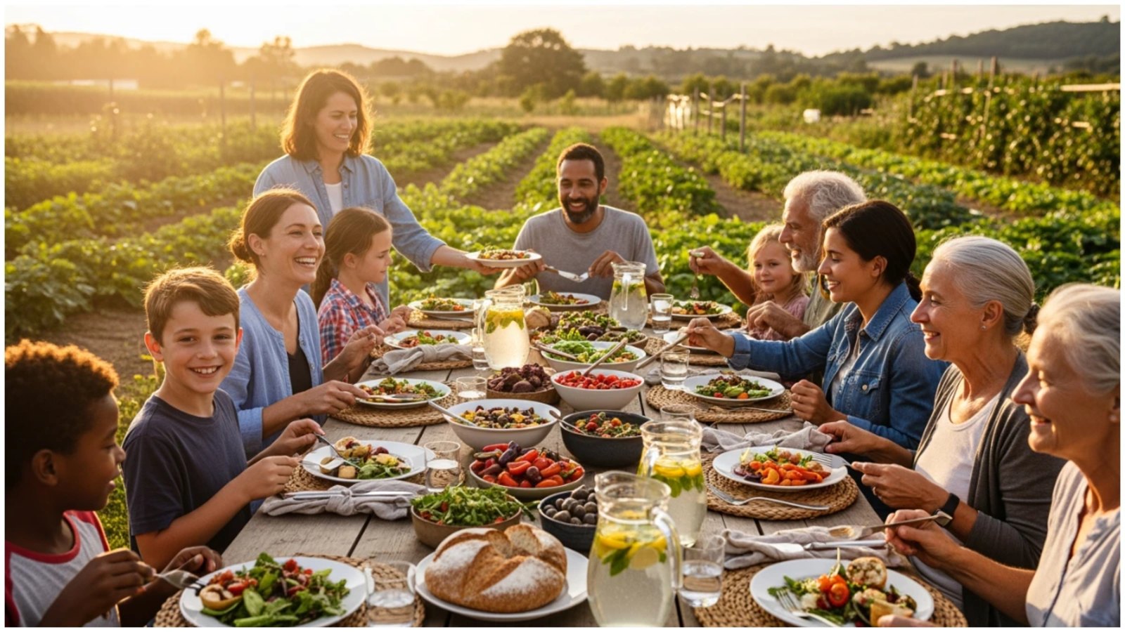 A multi-generational group of people enjoying a farm-to-table meal of fresh, sustainable food at a long wooden table in a field at sunset, illustrating the community benefits of sustainable agriculture.