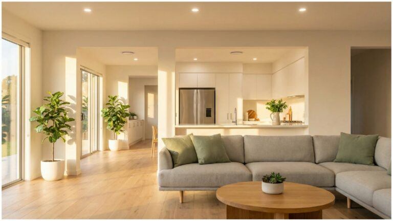 A bright, open-plan modern home interior featuring a large grey sectional sofa, warm LED recessed ceiling lighting, floor-to-ceiling windows with abundant natural light, lush potted indoor plants, a round timber coffee table, and a white kitchen with a stainless steel refrigerator visible in the background, representing a comfortable and energy-efficient home.