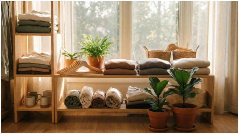 Earth-toned sustainable clothing and cozy textiles neatly displayed with indoor plants on wooden shelving in soft natural light, showcasing an inviting eco-conscious wardrobe space.