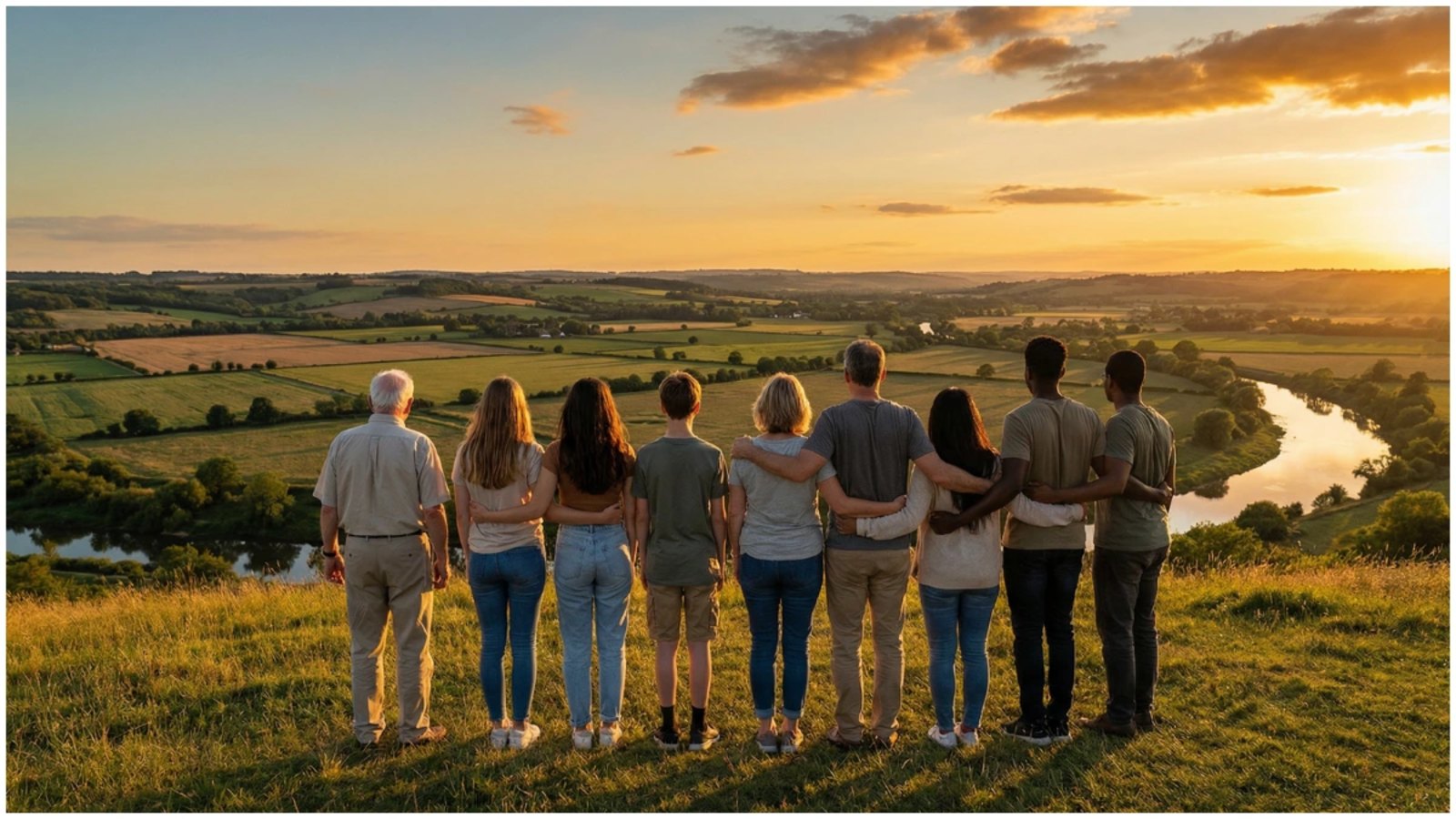 A diverse group of people of different ages stand with their arms around each other on a green hillside at golden hour, looking out over a wide valley at sunset, representing unity, shared purpose, and solidarity in the global movement for climate justice and social equity.