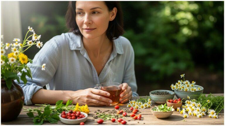 Woman sitting outdoors with herbal tea, chamomile flowers, fresh berries, and natural remedies on a wooden table, representing natural approaches to health and beauty.
