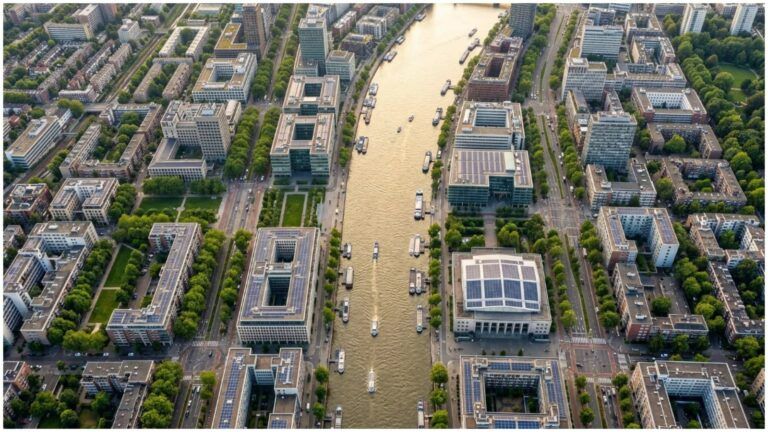 Aerial view of a dense European city with solar panels clearly visible on multiple rooftops, a wide river running through the centre lined with commercial buildings and green trees, representing the urban clean energy infrastructure financed by the global green bond market.