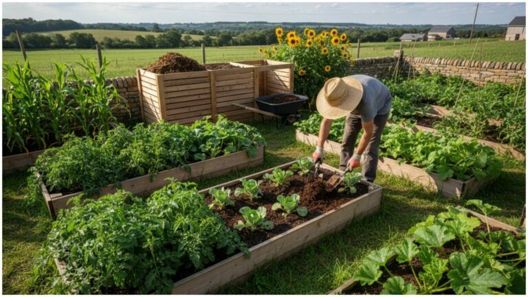 A person tending raised garden beds with homemade compost, healthy plants, and a large compost bin, illustrating effective composting for sustainable gardening.