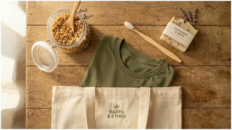 A flat lay of a reusable canvas tote bag, eco-friendly t‑shirt, wooden toothbrush, glass jar of granola, and natural soap on a wooden table, representing sustainable lifestyle choices and mindful shopping.